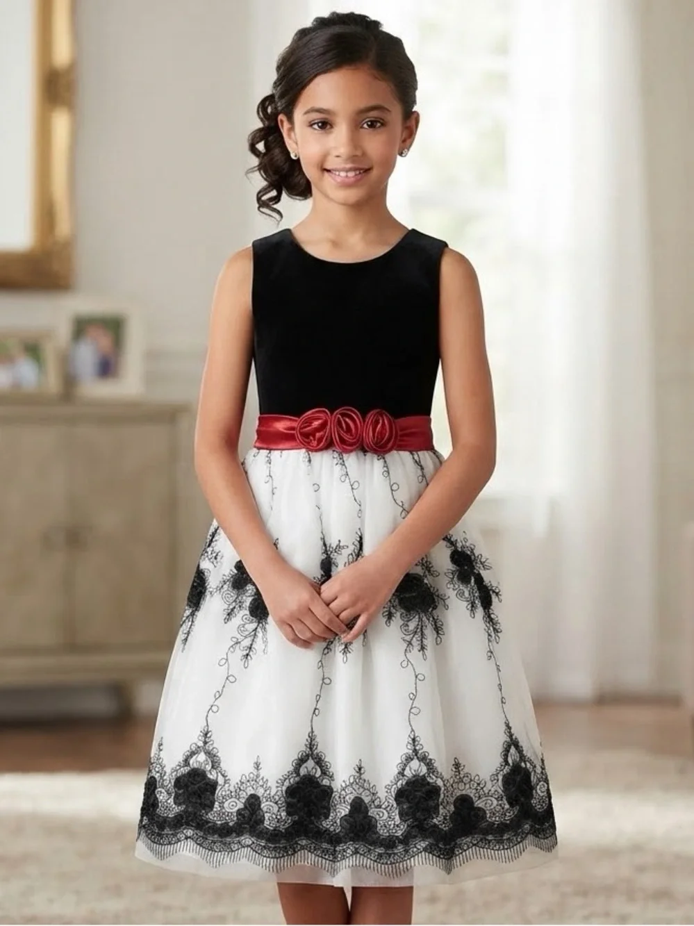 Bonnie Jean Black Velvet & White Embroidered Lace Dress with Red Satin Sash 10